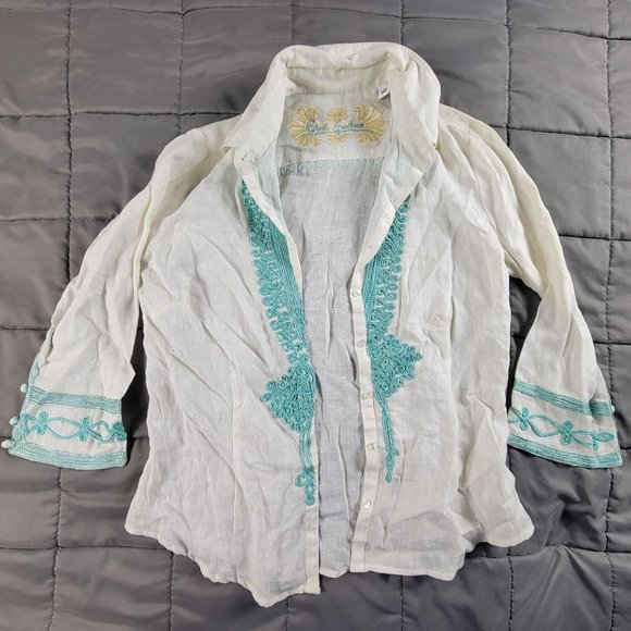 Robert Graham Womens Medium White Green Embroidered Tunic Shirt Long Sleeve - Picture 1 of 9